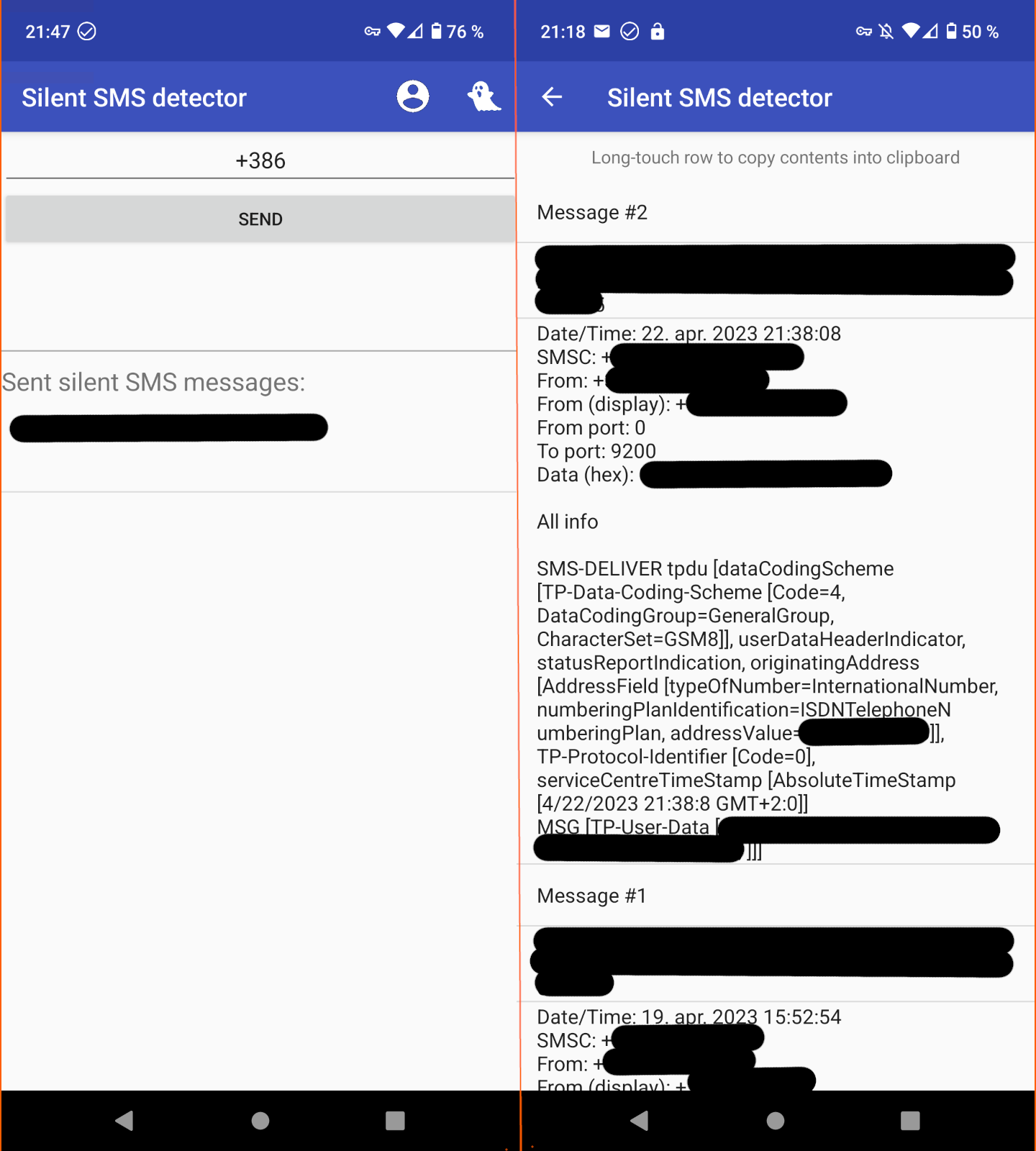 Silent SMS detector